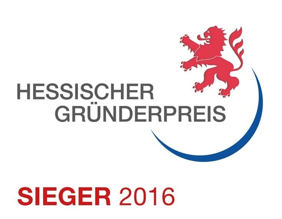Logo des Hessischen Gründerpreises 2016 mit rotem Löwen und Schriftzug „Sieger“.